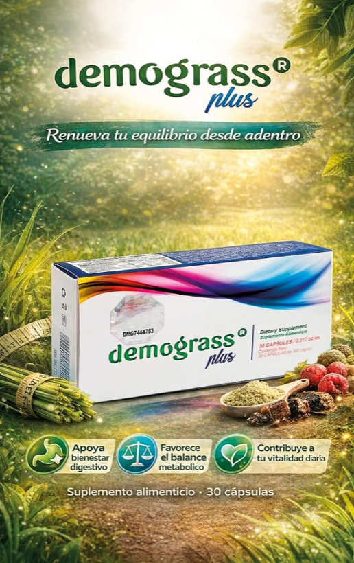 Empaque publicitario de Demograss Plus (presentación verde natural), suplemento alimenticio de 30 cápsulas