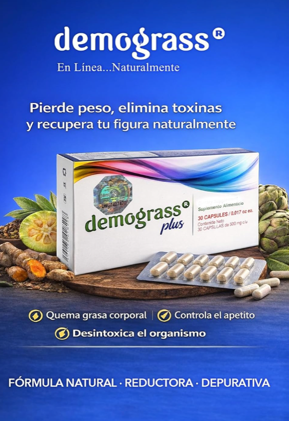 Empaque publicitario de Demograss Plus (presentación azul), suplemento alimenticio en caja de 30 cápsulas de 500 mg